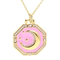 Golden octagon moon and star pendant necklace with pink enamel and sparkling white zircon - Rose Red
