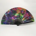 10-inch rainbow folding fan with black bamboo frame and neon geometric grid pattern - Geometric Cyber Network A11
