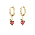 Chic gold heart-shaped drop earrings featuring vibrant red crystals and green leaf accents - Apple Earrings