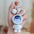 Luminous cartoon astronaut bear keychain with white bell and silver metallic accents - Glow Astronaut - Flat Ring Silver Bear Astronaut