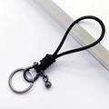 Handmade black cowhide leather keychain with vintage horseshoe clasp and metal ring - Black Leather Silver Horseshoe Buckle with Bead