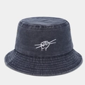 Vintage washed navy denim bucket hat with white hand gesture embroidery and metal eyelets - One Size / Navy Blue