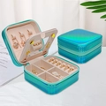 Portable square PU jewelry box in laser cyan green with zipper and internal storage slots - Colorful Mirror Style / Blue Gradient