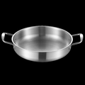 Polished silver stainless steel paella pan with two riveted handles on black background - 18cm / Steel Color