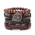 Bracciale multistrato in pelle intrecciata marrone con perline e albero della vita - Marrone Scuro Perline di Legno Albero della Vita