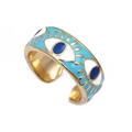 Minimalistische Evil Eye open ring met blauw en wit emaille op een gouden metalen band - Verstelbaar Open / Lichtblauw