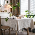 Linen cotton tablecloth with daisy print and tassel trim in a bright cozy dining room - Beige with White Daisies / 100*140cm / Tablecloth
