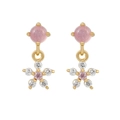 Close-up of pink and gold floral dangle earrings with sparkling zircon gemstones - Pink Gold Floral Drop Style (EH00555)