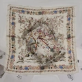 Elegant off-white silk-touch square scarf featuring vintage floral and bird prints - Colorful Rice Square Scarf / 65