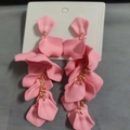 Pink rose petal long tassel earrings with layered petals and gold chains for women - Pink