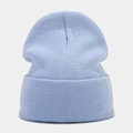 Detailed view of light blue ribbed knit beanie with soft elastic texture and folded cuff - Light Blue