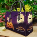Purple Halloween PU leather tote bag with pumpkin prints on a wooden platform - Halloween Purple Jack-O-Lantern Style (0020)