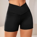 High-waisted black yoga shorts with V-shaped crossover waistband for tummy control - S / Black