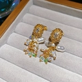 Detail of vintage baroque earrings with pearl tassels and colorful crystals in gold setting - Gold Clip-ons