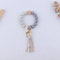DIY silicone wristlet keychain with marble beads, wooden bead, and a matching leather tassel - Marble Gray