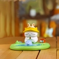 Panda Mahjong Series: Cute white bunny figurine with yellow hat fishing on a blue pond - 1224-5 Fishing Rabbit Sitting