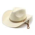Men's summer straw sun hat in cream white with brown leather belt buckle and chin strap - M(56-58cm) / Cream
