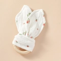 Baby wooden teething ring with white floral rabbit ears made of organic cotton - Small Rose