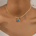 Gold snake chain necklace featuring a blue evil eye pendant on a model's neck - Gold Snake Chain Tri-color Round Evil Eye Pendant