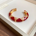 Vintage oval open bangle in red and gold enamel finish with geometric patterns - Narrow Version / Gold/Red
