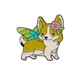 Cute Corgi enamel pin with green fairy wings and pink flower for clothes and bags - Corgi with Fairy Wings Style (QHXZ108)