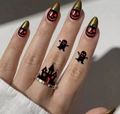 Halloween almond fake nails with gold glitter and black pumpkin designs for festive makeup - Black Gold Glitter Red-eyed Pumpkin Style (AW477)