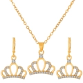 Elegant gold-tone jewelry set featuring crystal crown necklace and matching earrings - Gold Crown Style (0026)