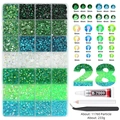 24-Fächer-Box mit grünen und blauen Strasssteinen inkl. Kleber und Werkzeug für Nailart - 28 Gitter Deko-Set 01