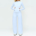 Women's three-piece yoga set in baby blue featuring a slim jacket and wide-leg pants - S / Top And Bottom / Phantom Blue