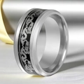 Polished titanium steel men's ring with silver dragon pattern on black inlay - US 7 / Silver Steel Black Base Silver Dragon