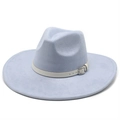 Detail view of light blue wide brim fedora hat with white leather band and silver buckle - M(56-59CM) / Light Blue (Suede)