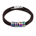 Bracelet pour homme en cuir tressé marron foncé avec quatre perles de nom irisées - 1 Perle Arc-en-ciel / Perle Arc-en-ciel et Corde Brune