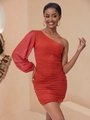 Elegant red sequined one-shoulder slim fit dress with textured pleats for parties - S / Orange Red