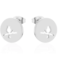 Minimalist silver bird on branch stud earrings with a hollow round metal design - Round Bird / Steel