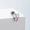 Orecchini a cuore in argento con zircone rosa e chiusura a farfalla su piedistallo bianco - Stile Cuore Cavo con Gemma Rosa (A96-4#)