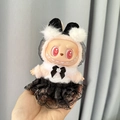 Labubu plush doll accessory wearing a black and white lace dress with pearl details - Small Black Stockings Bunny Girl / First And Second Generation Keychains Are Compatible With La Cloth Dolls. Dolls Not Included.