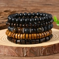 Multi-layer stretch bracelet set with turquoise, wood beads, and volcanic stone - Tiger Eye 5-piece Set