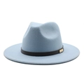 Close-up of light blue wool fedora hat featuring a black band and gold metal buckle - M (56-58cm) / Sky Blue