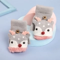 Grijze en roze gebreide kinderhandschoenen met schattig rendierontwerp en klepje - Eén maat / Klein Rendier-Grijs