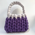 Handmade chunky knit handbag in deep purple and light gray contrasting colors - Dark Purple + Light Grey