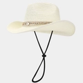 Detail eines beigen Cowboyhuts aus Stroh mit gewebtem Zierband und verstellbarem Windband - M (56-58cm) / Elfenbein