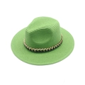 Handmade green straw Panama hat with a decorative gold metal chain on a white background - Adjustable / Green