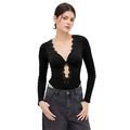 Schwarzer Langarm-Body mit V-Ausschnitt, Spitze und elegantem Cut-Out-Knoten-Design - S / Schwarz