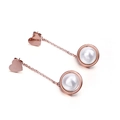 Rose gold heart stud earrings with delicate chain and round pearl drop charms - Heart Rose Gold (KE85777-KFC)