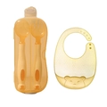 Yellow baby feeding set with flexible PPSU spoon, fork and silicone bear bib in case - Vibrant Orange Fork Spoon + Box + Bib