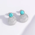 Silver flower stud earrings with green turquoise and textured metal finish - Steel Color Turquoise EI09-4