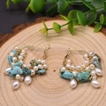 Bohemian gold wire hoop earrings with natural pearls and raw turquoise stones - Turquoise Set Hoop Earrings