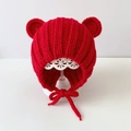 Winter red knitted baby hat with bear ears and lace-up ear flaps for warmth - Red Panda - Not Lined