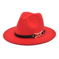 Classic red wool fedora hat with wide brim and black leather belt featuring gold buckle - Red