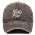 Detail of white Bigfoot embroidery and Believe text on brown washed cotton baseball cap - Adjustable / Coffee